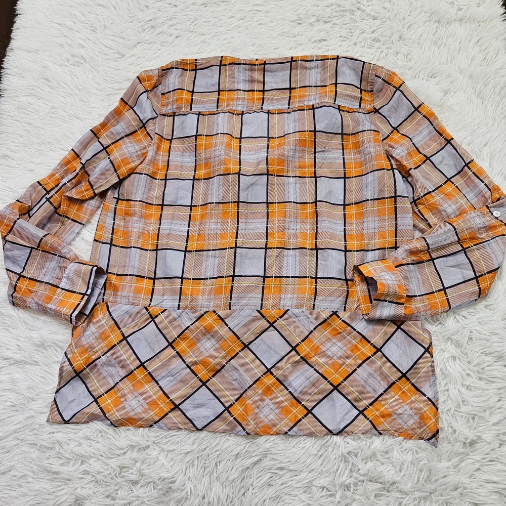 Sundance Women's Orange Plaid Long Sleeve 100% Silk Semi Sheer Blouse Sz M - Picture 5 of 9